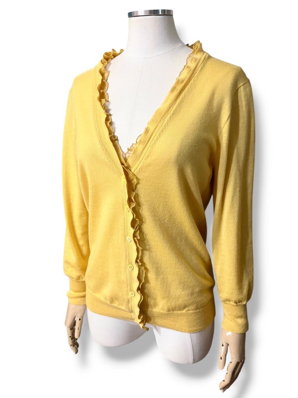 J.CREW Yellow Merino Wool V Neck Cardigan Silk Ruffle Trim Size Large